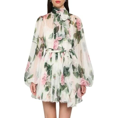 Banulin 2020 Runway Designer Charming Floral Printing Mini Dress 2020 New Womens Long Sleeve Bow Tie Slim Mini Dress With Belt