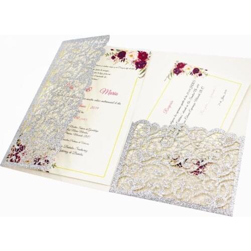 Free shipping 2pcs silver Gold tri fold wedding invitation cards with envelope ,insert, RSVP 3 fold laser cut pocket fold cards