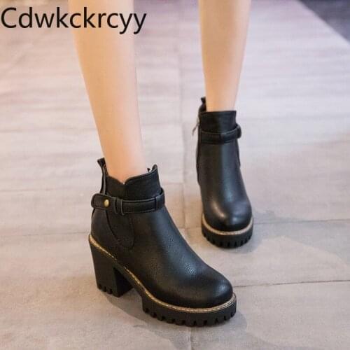 Winter The New fashion Round head Fang He Martin boots student Leisure Plus velvet Keep warm High heel Women boots size 34-43