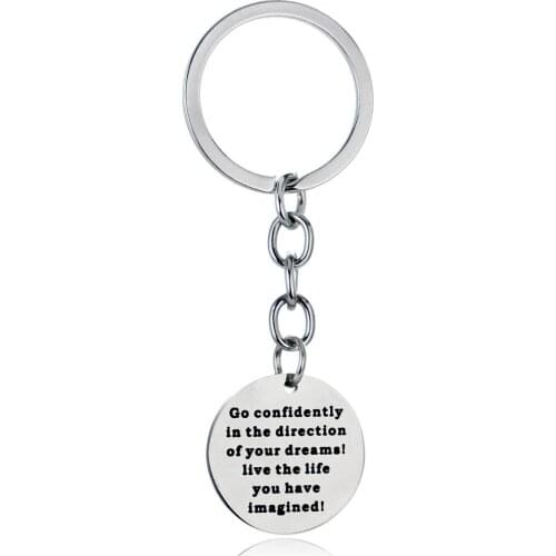 12PC Go Confidently In The Direction Of Your Dreams Keyrings Round Stainless Steel Charm Pendant Keychains Inspire Friends Gifts