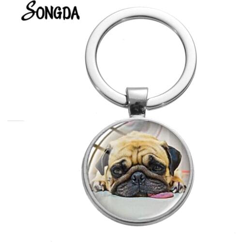 Super Lovely Pug Dog Alloy Keychain High Quality Glass Cabochon Pendant Pet Puppy Pictures Trendy Animal Key Ring Trinket