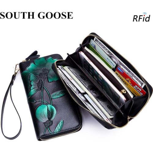 SOUTH GOOSE Brand New Large Capacity Women Wallet Ladies Leather Zipper Long Wallets Embossing Flower Women Purse Clutch Wallets