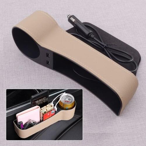 CITALL Right Side Beige Seat Crevice Storage Box Organizer Pocket with 2 USB Ports Universal Car Accessories