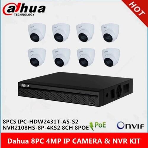 Dahua 8 pcs IPC-HDW2431T-AS-S2 built-in Mic 4MP IP Camera & NVR2108HS-8P-4KS2 8ch with 8 poe ports IP Camera System support P2P