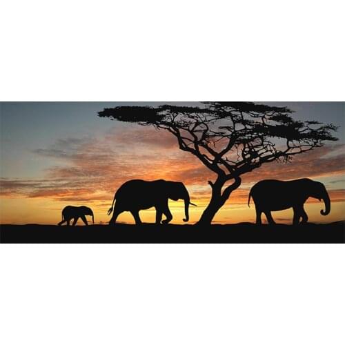 Tree African Elephant Sunset Landscape Painting Print on Canvas Animal Art Wall Picture Artwork for Living Room Home Decor