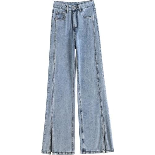 Vintage Flare Women Jeans Solid Ligh Blue High Waist Loose Full Length All Match Thin Female Pants Top Quality