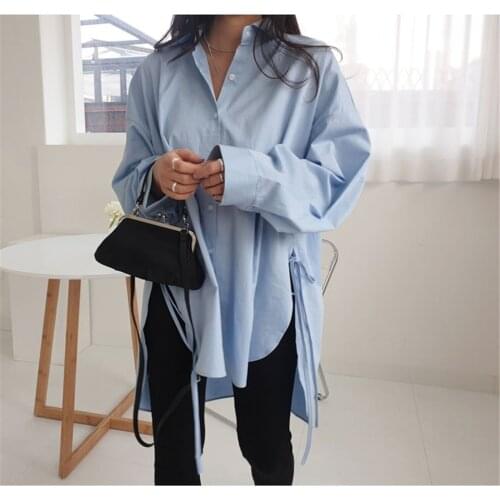 Elegant Shirts Womens Asymmetrical Blouse WGTD Womens Lace Up Blusas 2021 Oversized Button Lapel Shirt Tunic Top Female Tops