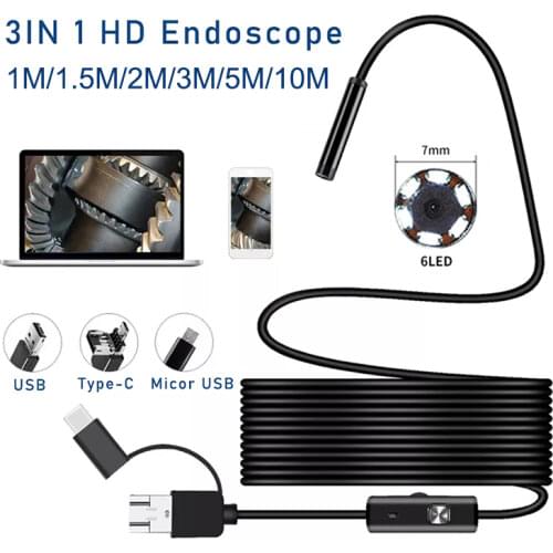 7.0mm Endoscope Camera Mini USB Endoscope 6 LED 1M 3.5M 5M 10M Cable Waterproof Inspection Borescope for Android PC Soft Wire