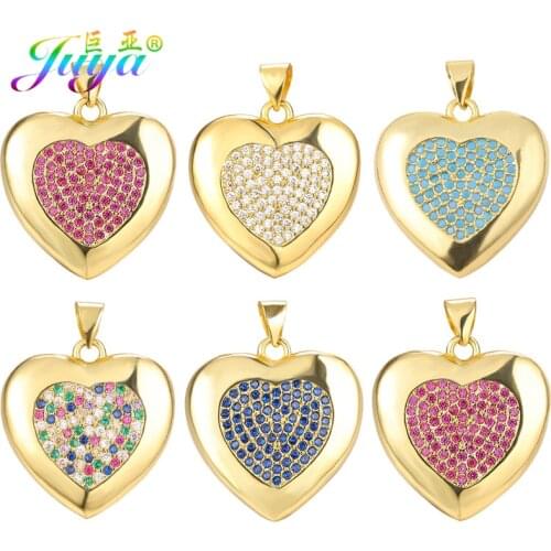 Juya DIY Gold Rainbow Pendants Micro Pave Zircon Love Heart Locket Charms For Valentines Day Necklace Bracelet Making Supplies