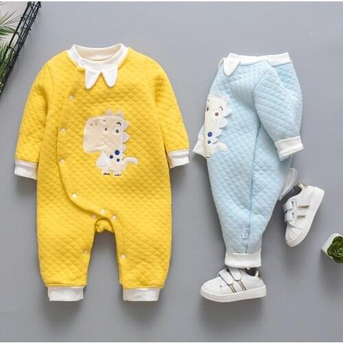 Autumn Winter Warm Cotton New Born Rompers Cute Cartoon Dinosaur Children Jumpsuit Long Sleeve Clothes Boys Girls Romper 0-24M