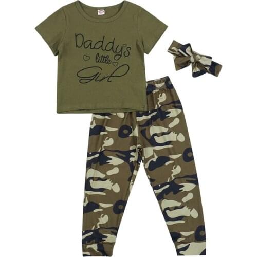 3Pcs Girls Clothing Summer Tracksuit Set Letters Print Short Sleeves T-Shirt + Camouflage Casual Pants + Hairband for 2-7 Years