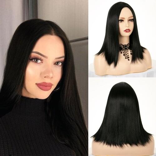Short Straight Natural Black Synthetic Wig Shoulder Length Middle Part Heat Resistant Fiber Wig For Daily Wear Cosplay Wigs