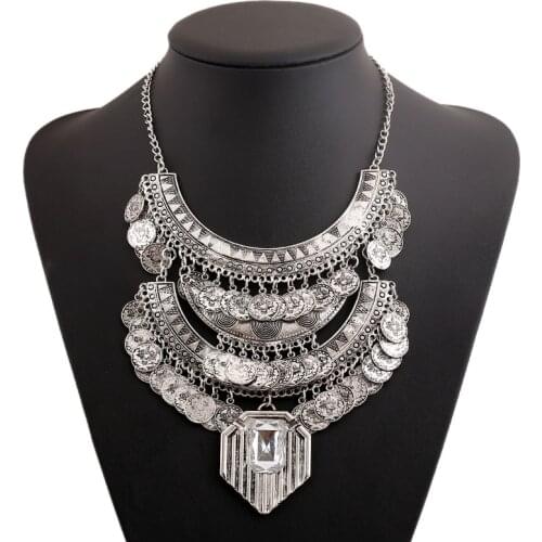 LZHLQ Boho Ethnic Plated Coin Necklaces Vintage Maxi Multilayer Tassel Necklace Fashion Women Geometric Chain Jewelry Statement