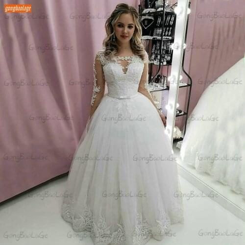 Fashion White Wedding Gowns Long Sleeves Sexy O Neck Robe De Mariée 2021 Women Lace Up Bridal Dresses Custom Made Abito Da Sposa
