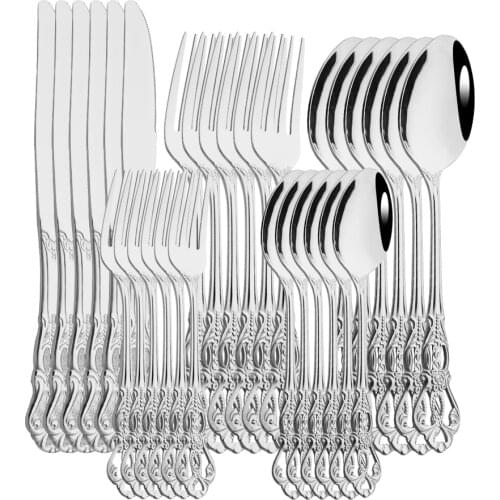 Vintage Silver Tableware Cutlery Set 30Pcs Flatware Stainless Steel Classic Engraving Handle Dinnerware Knife Fork Spoon Set