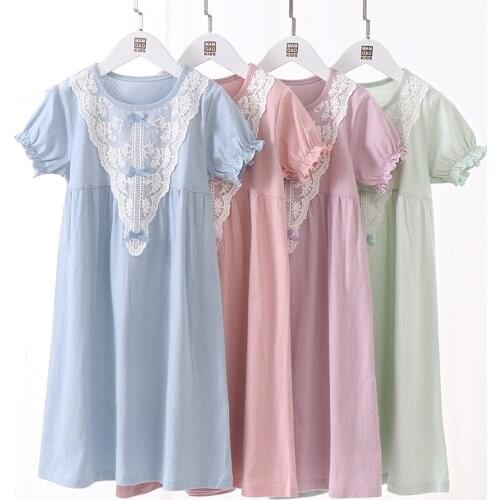 New Childrens Nightdress Girls Cotton Nightgowns Baby Mother Kids Pajamas Short Sleeve Lace Jacquard Girl Parent-Child Dress