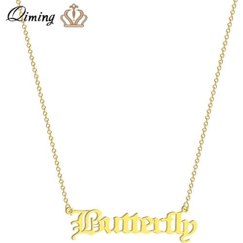 QIMING Bohemia Butterfly Letter Pendant Necklace For Women Gold Color Handmade Ladies Fashion Statement Necklace Gift