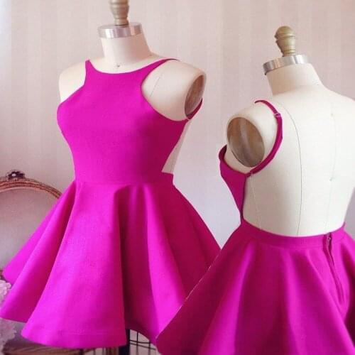 Simple Cheap Hot Pink Short Cocktail Prom Dress for Girls Under 100 Backless A line Satin Jewel Neck Homecoming Party Dress Chea
