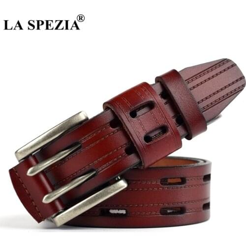 LA SPEZIA Handmade Leather Belt Men Double Pin Buckle Belts Male Burgundy Vintage Real Leather Retro Designer Belts High Quality