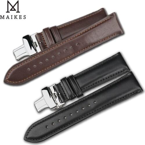 MAIKES Calfskin Leather Watchband Soft Material Watch Band Wrist Strap 20mm 21mm With Silver Butterfly Stainless Steel Buckle