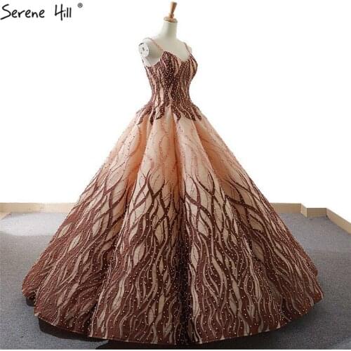 Luxury Gold Brown Sleeveless Sexy Wedding Dresses 2020 Vintage Embroidery Pearls Lace Up Bridal Gowns Real Photo