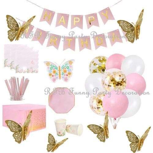 Pink Gold Butterfly Party Tableware Decorations Balloons Dinner Dessert Plates Napkins for Girl Birthday Wedding Favor Party