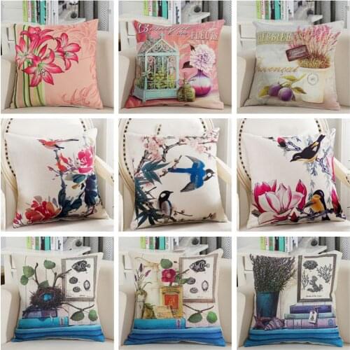 Mediterranean Cushions Pillowcase American Country Style Flower Birds Printed Cotton Linen Pillow Covers Sofa Throw Pillow