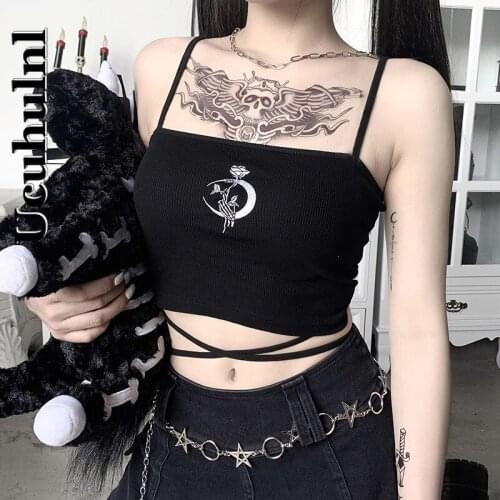 Ucuhulnl Harajuku Punk Lace Up Black Camis Female Gothic Staghettic Straps Bodycon Crop Tank Tops Summer Women Gothic Dark Camis