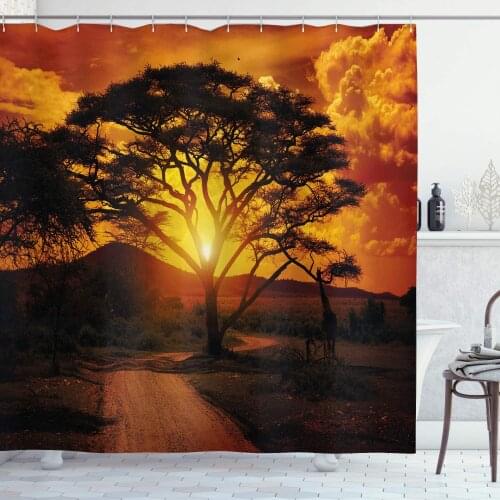 Sunset Shower Curtain Majestic Tree with Horizon Background Mystic Nature Dramatic Landscape Bathroom Decor Set with Hooks 75"