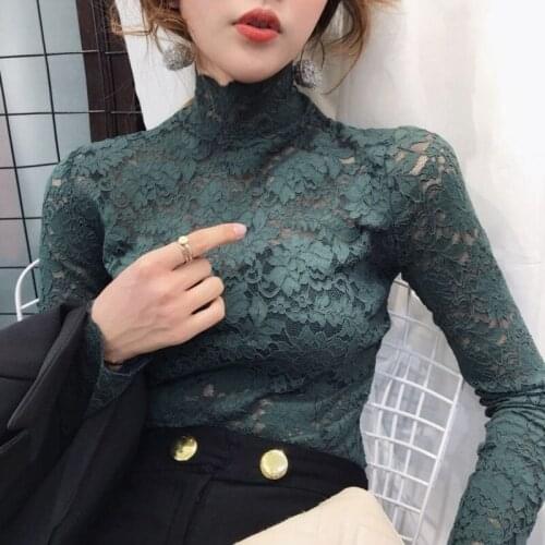 Spring New Fashion 2021 Women Long Sleeve Half High Collar Lace Hollow Out Blouse Slim Casual Skinny Bottoming Floral Shirts