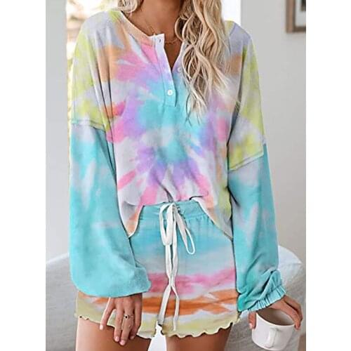 Ladies Pajamas, Two-piece Home Wear, European and American Breathable Casual Long-Sleeved Shorts, Leopard Print Tie-Dye Pajamas