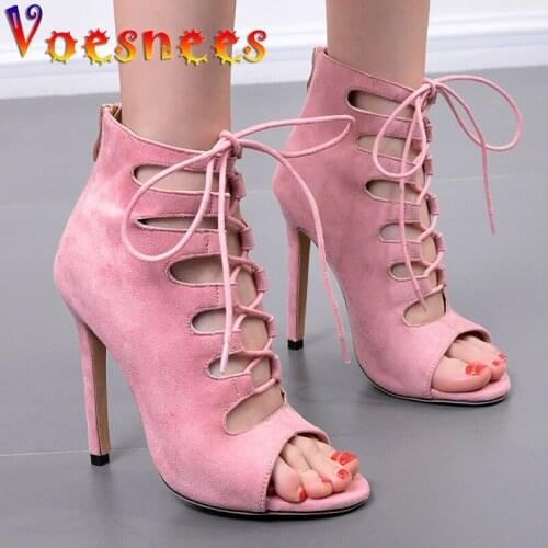 Voesnees 2021 New Sandals Women Shoes High-top Peep Toe High Heels 11cm Hollow out Straps Thin Heels Nightclub Female Cool Boots