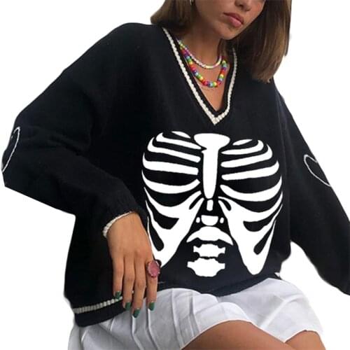 Women Sweater Color Block Skeleton Print Long Sleeve V-neck Pullover Autumn Loose Casual Knit Tops Blue/Green/Black/Grey