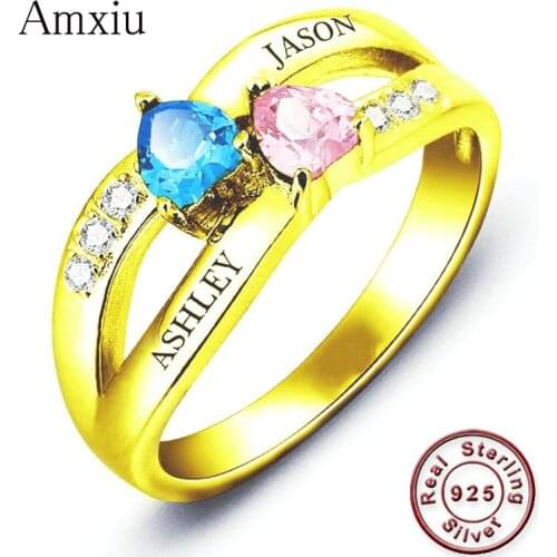 Amxiu Personalized Ring with Two Names 925 Sterling Silver Ring Customize Name Ring Cubic Zircon Jewelry For Women Wedding Ring