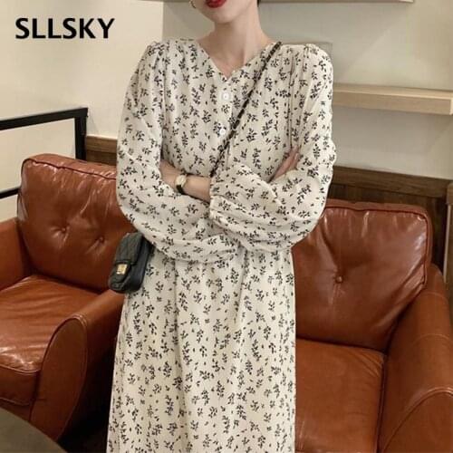 SLLSKY Small Floral V-Neck Dress Women Spring Autumn Long Sleeve Loose Cotton linen Dress Female Vintage Fashion Party Dresses