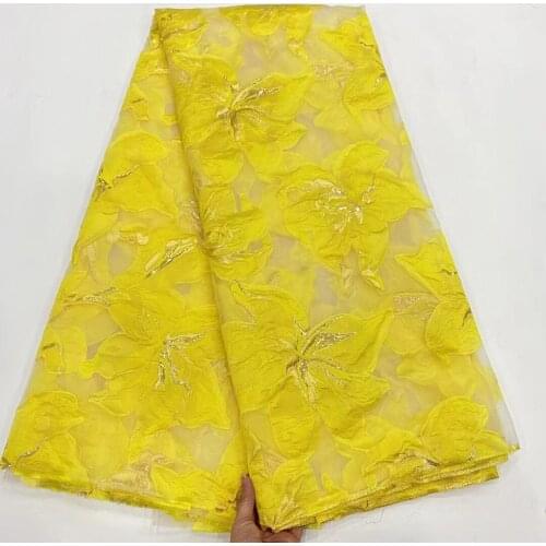2021 Yellow Jacquard Lace Brocade Fabric African Floral Organza Mesh Cloth Nigerian French Net Material for Wedding Dress POZ40