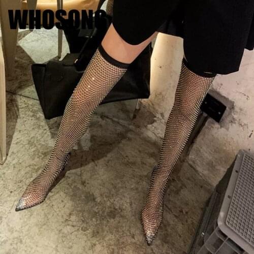 2021 Women Knee High Pumps Girls Rhinestone Brand Heels Woman Closed Toe Stiletto Shoes Ladies Sexy Shoes Female Mesh Shoes New