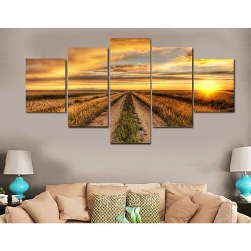 5 Panel Country Road At Sunset Farm Painting Canvas For Home Room Framework Decor Poster Canvas Painting