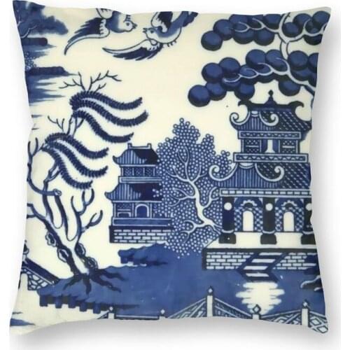 Antique Willow Ware Oriental Toile Cushion Cover 40x40 Decoration 3D Printing Blue Delft Vintage Throw Pillow Case for Car