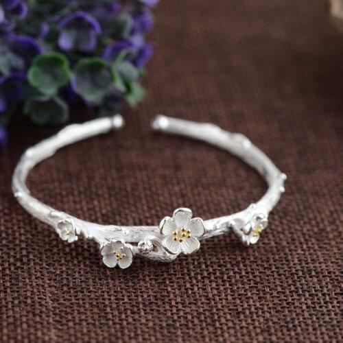 FNJ Real 925 Silver Flower Bangle Handmade Pure S925 Thai Sterling Silver Oval Bangles for Women Men Jewelry