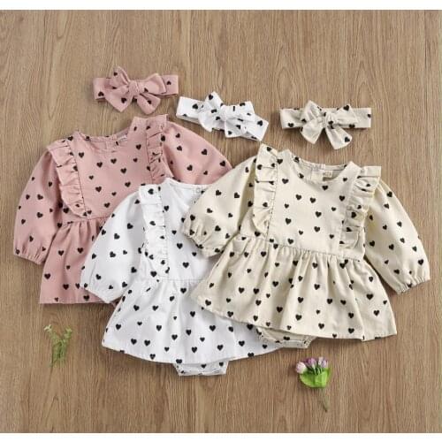 Infant Baby Girl Romper Spring Hearts Print Ruffle Shoulder Long Sleeve Rompers Jumpsuit Dress Headband Set 0-24M