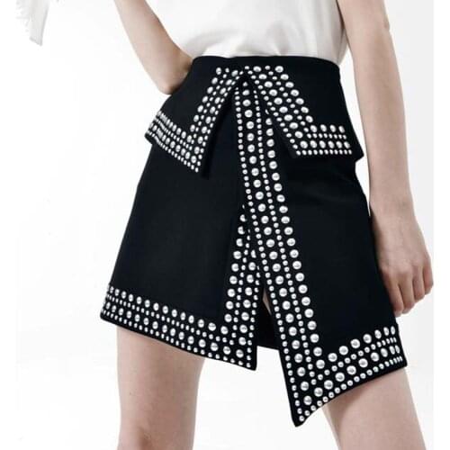 European 2021 Harajuku Clothes Solid Black Short Skirt Womens Punk High Waist Rivet Irregularly Split Mini Sexy Skirts C98