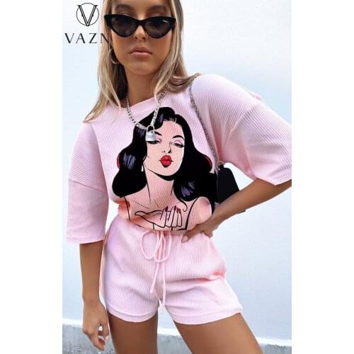 VAZN 2021 Hot Fashion O-neck Sport Short Sleeve Loose Cartoon Short Pant Sexy Young High Waist Skinny Women 2 Piece Set