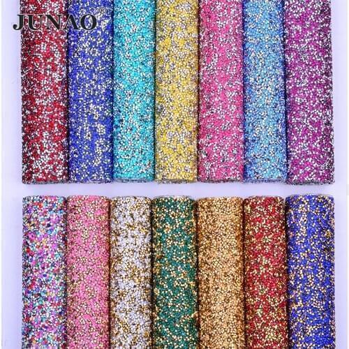 JUNAO 24 Color Hotfix Multicolor Rhinestone Mesh Fabrics Crystal Trim Ribbon Resin Strass Applique for Jewelry DIY Crafts