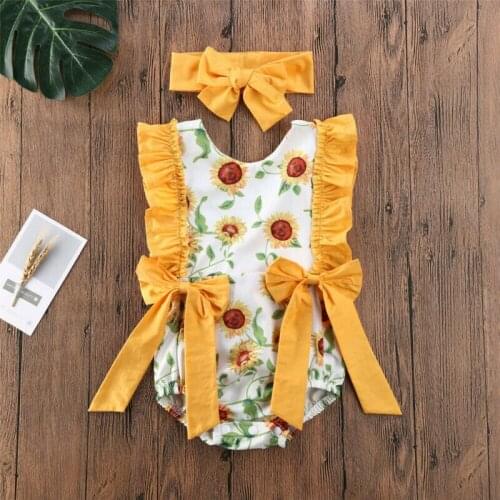 Summer Newborn Kids Baby Girl Flower Sunflower Bodysuit Jumpsuit Headband Outfit Sunshine Clothes