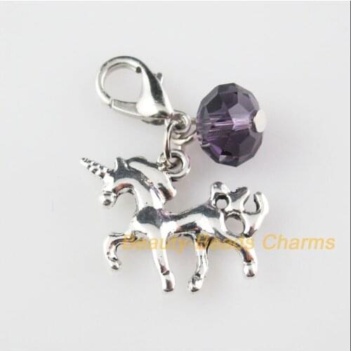 Fashion 4Pcs Tibetan Silver Unicorn Charms Pendants Purple Crystal Beads Lobster Clasp