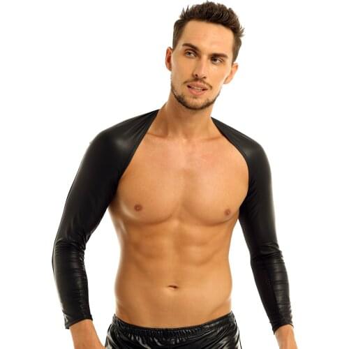 Men Latex Sexy Short T Shirts Male Gay Club Stage Costume Faux Leather Hollow Arm Sleeves Shrug Shoulder Muscle Harness Crop Top