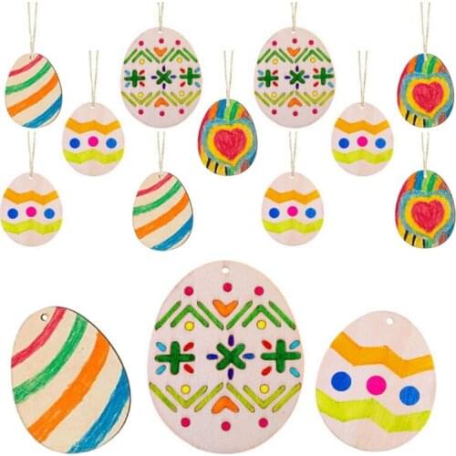 50pcs Unfinished Happy Easter Eggs Wood Slices Pendant DIY Drawing Graffiti Chips Hanging Ornaments Wooden Craft Easter Decor