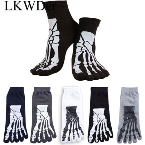 LKWDer 4 Pairs Punk Rock Mens 3D Print Terror Skeleton Toe Socks Hip Hop Scary Skull Five Finger Odd Sox Bone Short Socks Meias