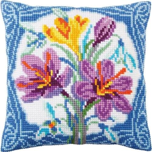Cross Stitch Cushion Front Crocus Flowers Needlepoint Kits Printed Canvas Chunky Yarn Cross-stitch Pillow Case Hobby & Crafts